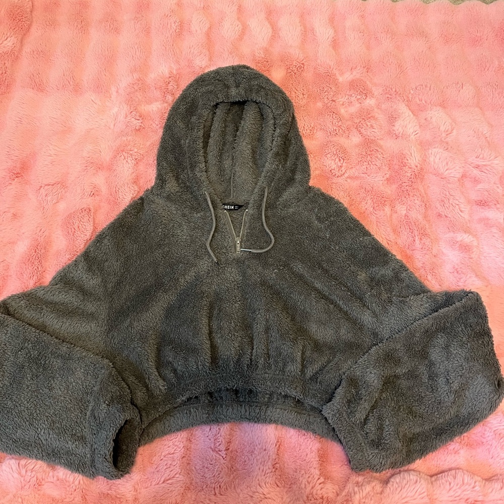Gray Cropped Teddy Jacket with Hood